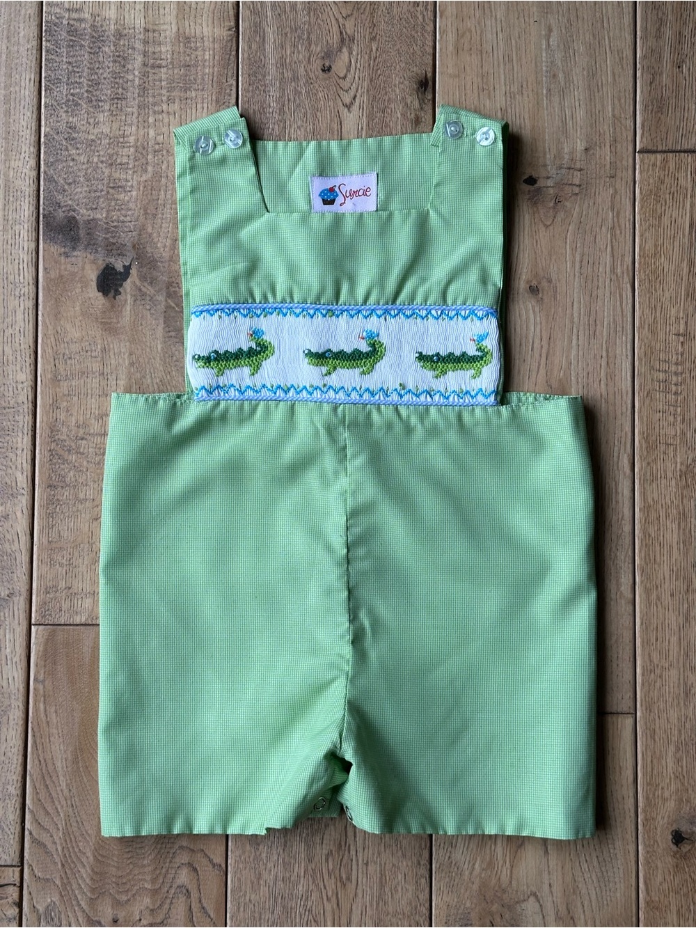 Surcie Green Gingham Smocked Alligators Jon Jon Shortall Romper size 12 Months